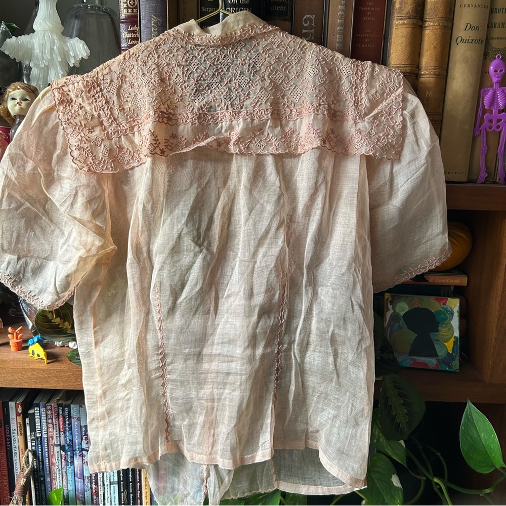 Vintage 60s sheer blouse orange pink Peter Pan collar - Picture 14 of 17